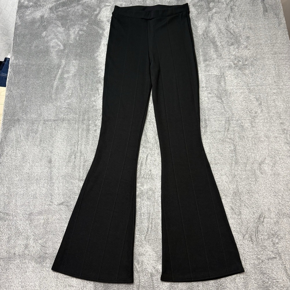 PrettyLittleThing Flare Leg Pants Womens US 10 Black Ribbed High Waist‎ Stretch